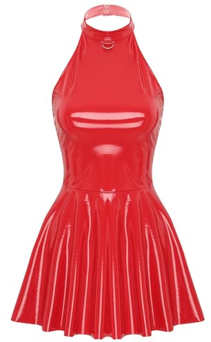 Linjinx Damen Lack Leder Kleid Wetlook Partykleid Neckholder Minikleid Rückenfrei Faltenkleid Kurz Eng Wickelkleid Gogo Clubwear