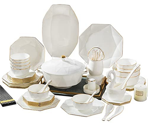 Juego de vajilla de porcelana de hueso, vajilla de cerámica, cuencos y platos con borde dorado, juego de dibujo de oro octogonal, vajilla de regalo