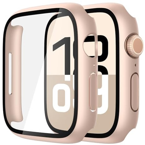 Misxi 2 Piezas Funda Protectora de PC con Protector Pantalla de Vidrio Templado para Apple Watch Series 10 46mm, Ultrafino Cubierta de Protección para iWatch, 1 Oro Rosa + 1 Transparente