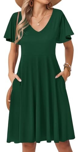 Zeagoo Women's Bluegreen Solid Midi Dress with Pockets - A-Line, V-Neck, Flutter Ruffle Sleeve, Casual, Party, Adult, Women aged 18 and above, Size M