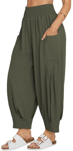 TARSE Pantalon bohème en lin pour femme - Style décontracté - Taille haute - Pour la plage, les voyages, les vacances, vert militaire, Taille L