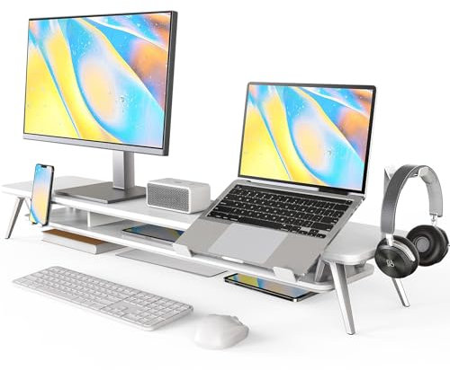 Fenge Dual Support d'Écran d'Ordinateur pour Téléphone/Pad,Ordinateur,Tablette,Casque Grand Écran Multifonctionnel À 2 Niveaux pour Ordinateur Portable, 108 x 23,5 x 14,5 cm-Charge de 50kg (Blanc)