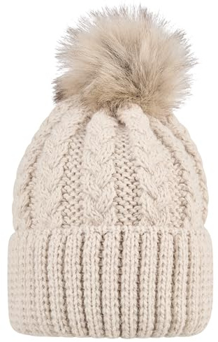 Sterntaler Strickmütze mit Umschlag, Zopfmuster und Kunstpelz-Pompon – Mädchen – warme Mütze für Baby und Kinder, graubeige, Größe 51