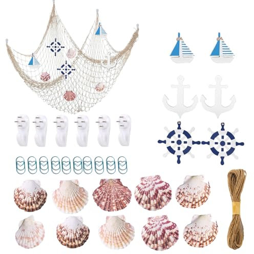34Stück Fischernetz Deko 150cm X 200cm Fischernetz Wand Dekoration Strand Themen, Segelboot,Steuerrad,Holzanker,Bildaufhänger ,Büroklammern, Kommt Mit Einem 10-Meter Seil, Strand Deko