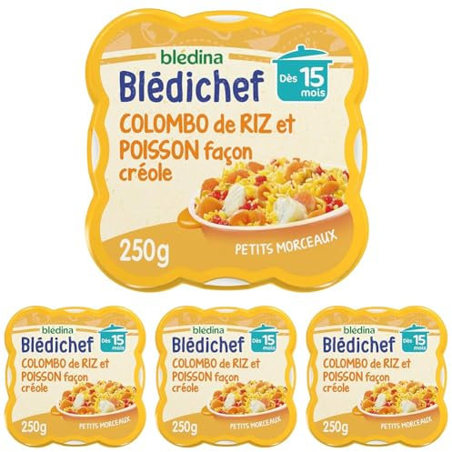 Blédina - Blédichef - Repas Bébé 15 Mois - Plat Bébé Colombo de Riz Poisson façon Créole - Petits Morceaux - 100% Ingrédients d'Origine Naturelle - Dès 15 Mois - 1 Assiette de 250g (Lot de 4)