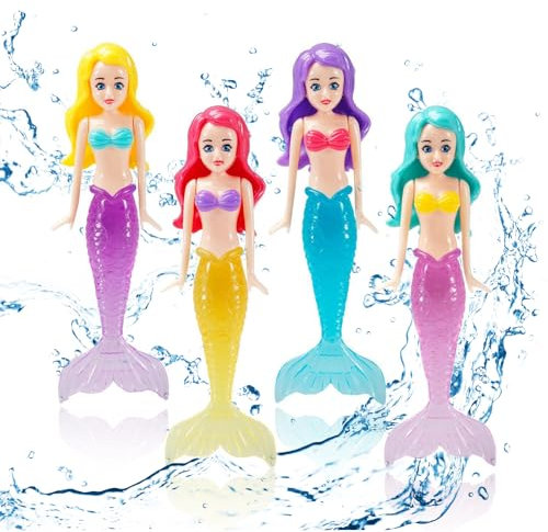 DANCOLOR 4 pcs Mermaid Diving Toys Set, Swimming Pool Toys & Diving Games For Boys Girls, Premium Plastic Underwater Training Toy, Summer Swim Sinkers For Ages 5-12, Diving Pool Toys Children‘s Gifts