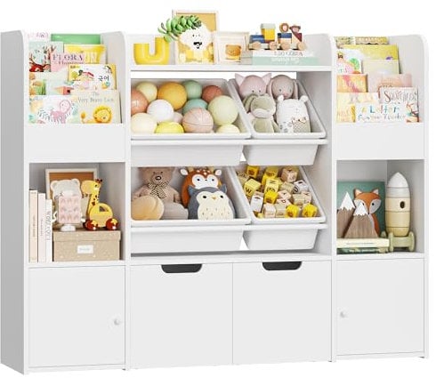FOREHILL Toy Storage Unit 4-tier Kids Bookshelf Kids Storage Childrens Bookcase with 4 Removable Boxes, 2 Doors, 2 Drawers with Wheels for Playroom Nursery Furniture 126x30x104cm White