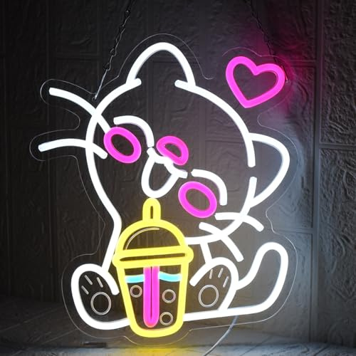 UExnkj-Y Trinken Katze Neon Schild Bubble Tea Neonschilder Drink Cat Led Neon Schild USB Dimmbares Katze Neon Sign für Schlafzimmer Dessertläden Café Bar Milch Tee Shop Wohnzimmer Geschäft