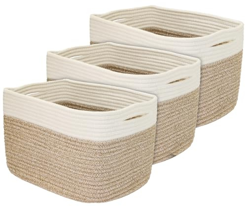 HMF Aufbewahrungskorb mit versteckten Griffen, 3er Set, Korb aus Baumwolle | 37,5 x 25 x 22,5 cm | Weiß-Braun