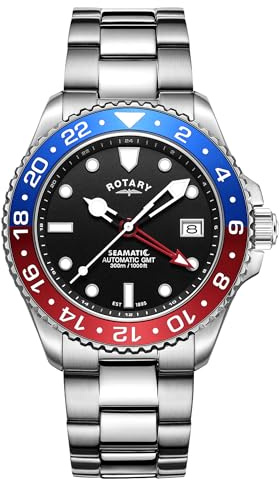 Rotary Seamatic GMT Herren-Armbanduhr, 300 m wasserdicht, Zifferblatt hinten, Edelstahl-Armband