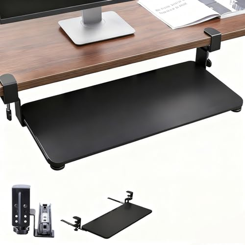 Bandeja Teclado Bajo Mesa,Equipada Con Un Sistema De Instalación Ajustable Tipo c Ultra Resistente,De 29,5Pulgadas (34,2 Pulgadas Con Abrazadera)x9,8 Pulgadas,Capaz De Soportar Hasta 25 Kg,color negro