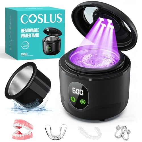 COSLUS C60 Ultrasonic Retainer Cleaner Machine, 45kHz Sonic Dental Cleaner | Professional for Dentures, Mouth Guards and Night Guards, Detachable Tank for Retainer, Portable for Travel and Home, Black