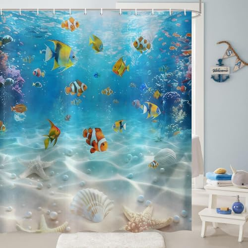 Hnmdmyi Duschvorhang Ozean Fisch 180x200, Unterwasser Tropische Fische Seestern Strandkorallen in der Tiefsee Unterwasserwelt Kinder Badewanne Vorhang Wasserdicht Polyester Stoff Waschbar Badevorhang