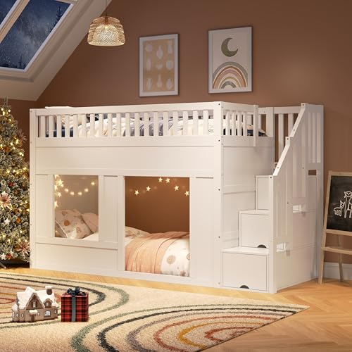 Xfholl 3ft Bunk Wooden Bed with Storage Stairs, Loft Bed for Children, Convertible Play Area Below, White, 90 x 190 cm (No Mattress)