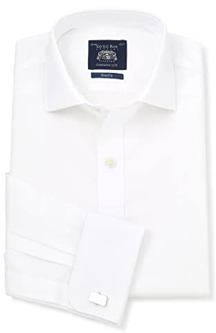THE SAVILE ROW COMPANY LONDON Men's Slim Fit Cotton Poplin Long Sleeve Formal Shirt - Double Cuff - White - 16 Collar - Lengthened