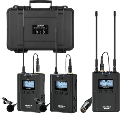 COMICA Wireless Dual Lavalier Microphone System, CVM-WM200(A) Lapel Video Mic for iPhone Android Smartphone,84-Channels UHF Wireless Mic for Canon Nikon Sony DSLR Camera,XLR Camcorder(394-Foot Range)