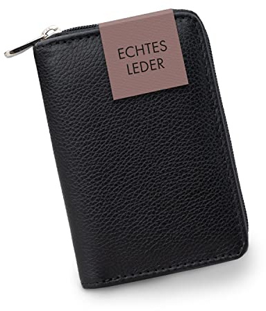 XiRRiX Portemonnaie Damen klein - Kleiner Geldbeutel Damen mit Reißverschluss - Geldbörse Damen klein mit Münzfach - Mini Portmonee für Frauen im Kartenformat - Schwarze Brieftasche aus Leder