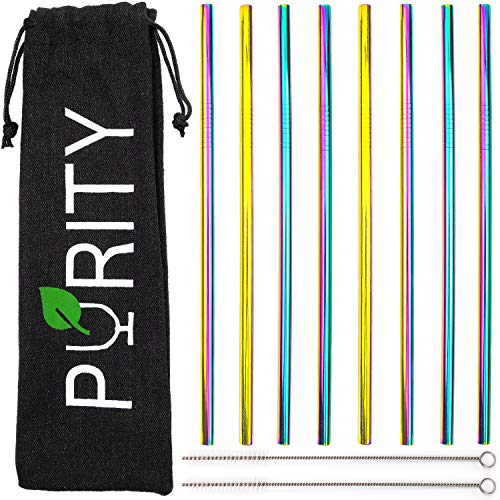 PURITY Strohhalme aus Edelstahl, Regenbogenfarben, 8 Stück, mit 2 Reinigungsbürsten und Stoffbeutel, wiederverwendbar, spülmaschinenfest