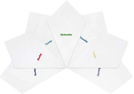 Taschentücher für Herren / Herren, bestickt, Wochentage mit Satinstreifen, 100 % Baumwolle, 40 x 40 cm, 7 Stück, weiß, Einheitsgröße