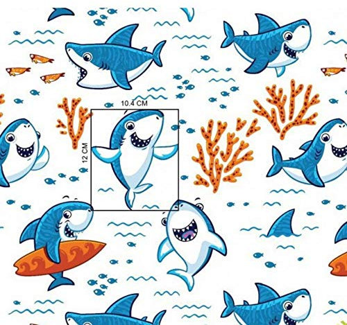 Pingianer 8,98€/m Fisch Wal Hai 100% Baumwolle 50x160cm Baumwollstoff Meterware Handwerken Nähen Stoff (Hai Surfbrett Weiß)