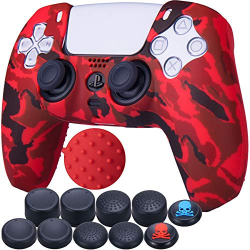 9CDeer 1 x Silicone Trasferimento Stampare Protettivo di Spessore Copertina Skin + 10 Thumb Grips per Controller Playstation 5 / PS5 / Dualsense dipingere di rosso