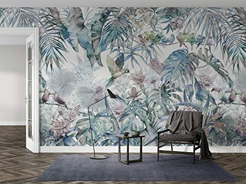 SILK ROAD EU Panoramic Silk Wallpaper, 600 × 280 cm, Parrots in Tropical Jungle Blue, Max Width 12 m, for Living Room, Bedroom, Restaurant, Children's Room Wall Decoration