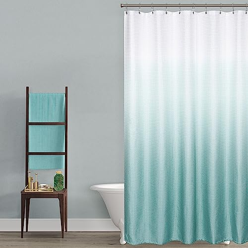 Mrs.Naturall Cortina de ducha de color aguamarina, con temática costera, lavable, juego de cortina de ducha de playa con ganchos para decoración de baño oceánico, espuma de mar, verde menta, azul spa