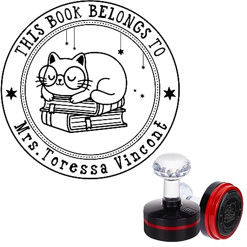 PLIGREAT Personalisierter Bibliotheksstempel Individueller Namensstempel 2 Textzeilen Adressstempel Netter Katzen- Und Bücher-Selbstfärbestempel für Rückholbuch, 5 Tintenfarbenoptionen