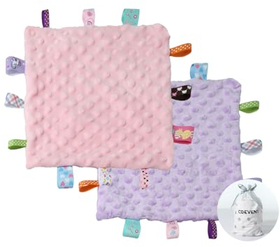 CCREVENT Baby Schmusetuch,Plüsch Komfort Schnuffeltuch für Neugeborene,Weich & Waschbar Kuscheltuch Schlaftier für Babys und Kleinkinder,Spielzeug 0+ Monate, lila + rosa Etikett,25,4 x 25,4 cm
