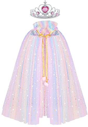 ACWOO Prinzessin Umhang Kinder Mädchen, ELSA Prinzessin Kostüm mit Krone, Halloween Kostüm Umhang Kinder, Prinzessin Cape für Karneval Cosplay Party (merfabig, M)