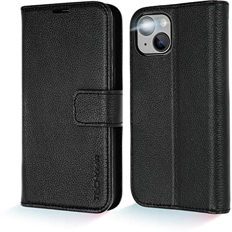 TECHGEAR Wallet Case for iPhone 14 Plus, Genuine Leather Magnetic Flip [RFID Blocking] Case with Shockproof TPU Holder, Card Slots, Stand Folio Cover Compatible with iPhone 14 Plus 6.7 2022, Black