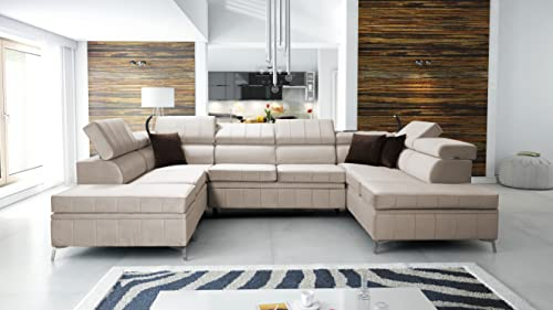 All4All Ecksofa mit Schlaffunktion Bari VIII 336 x 227 cm - Eckcouch mit Bettkasten - Wohnlandschaft in U-Form - XXL Sofa Groß - Schlafsofa - Beige - Seite Rechts - Modern - Velvetstoff 26