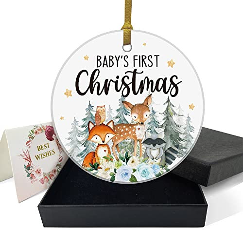 REWIDPARTY Baby First Christmas Hanging Ornament Woodland Animal for Family Friend Christmas Home Office Tree Decorations 3 Circle Ceramic Ornament with Gold Ribbon & Gift Box