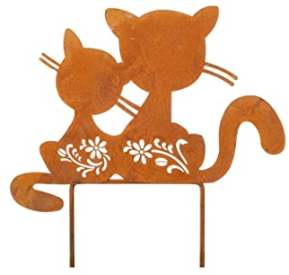 LB H&F Gartenstecker Katzenpaar Katze mit Kätzchen Rost Gartenfigur Gartendeko Rostkatze Rostfigur (Katze)