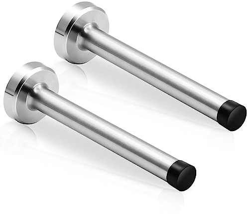 Door Stops, Long Door Stopper, 6 Inch Door Stop Stainless Steel Brushed Nickel Doorstops Wall Mounted with Rubber Bumper Metal Door Stopper Extender, Silver, 2 Pack