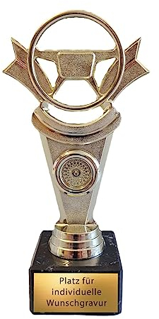 eberin · Tuning Pokal · Bester Hobby Schrauber · Tuner Award · Goldenes Lenkrad · Speichenfelgen Gold · Autowerkstatt Pokal auf Marmor · KFZ Mechaniker Pokal personalisierbar mit Wunschgravur