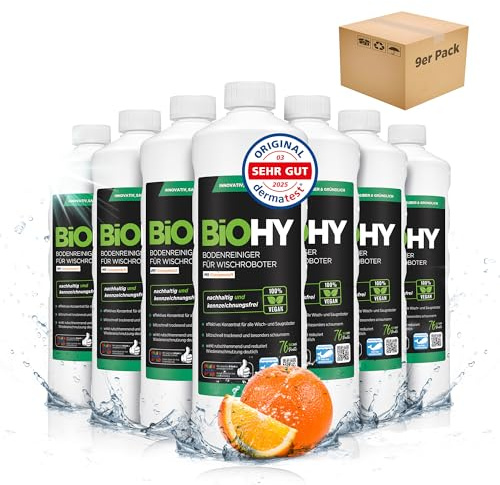 BiOHY Nettoyant pour sols pour robots de nettoyage avec parfum d'orange (9 x 1l Bouteille) | Concentré de nettoyant pour tous les robots de nettoyage | Sans mousse (Wischroboter Orange)