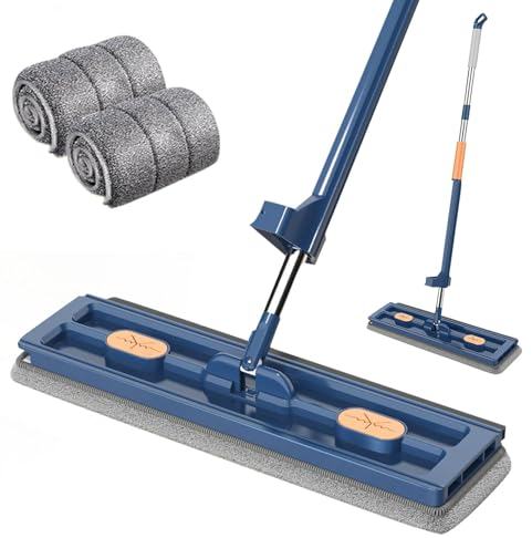 Hsivtns Trapeador Plano Grande, Trapeador Raspador De Deshidratación Autónomo, Trapeador Giratorio De 360° con Raspador De Deshidratación, Trapeador De Microfibra,Azul,Mop U 2 mop Pads