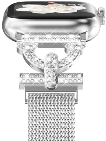 NewWays Milanaise Armband Kompatibel mit Apple Watch 46mm 45mm 44mm 42mm(Serie 1 2 3) Damen,Bling Edelstahl Magnetic Gliederarmband Ersatzarmband für iWatch SE Series 10/9/8/7/6/5/4/3/2/1,Silber