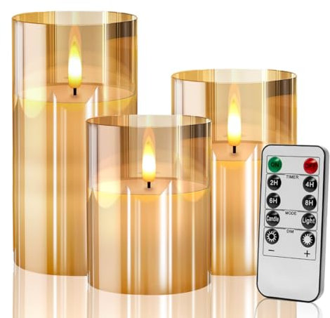 JUAUO Candele a LED effetto fiamma, candele elettriche in vetro vera cera con telecomando e timer candele decorative per matrimoni, feste, stanze, compleanni, festival e decorazioni natalizie, ambra