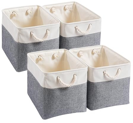 Mangata Canvas Storage Boxes, 30x30x30cm Fabric Storage Baskets for Shelves Organizing Clothes Nursery Home (Cold Grey&White, Set of 4)