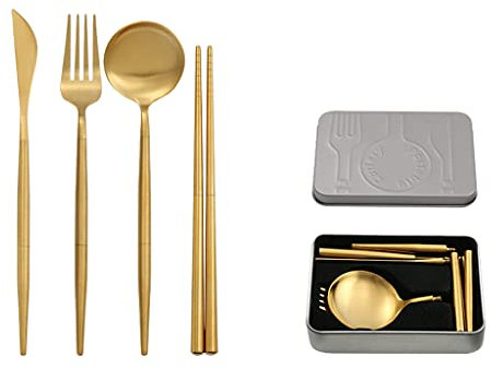 Mllepjdh Cubertería de viaje para camping, incluye tenedor y palillo portátil para Tainle Teel, cubiertos para 8 arcoíris, color dorado