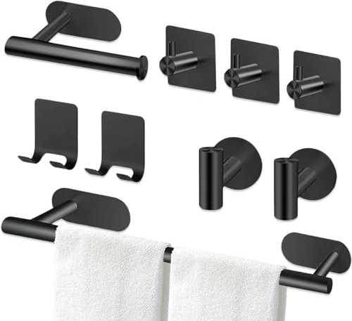 GULINO Juego Accesorios Baño Negro 9 Piezas Acero Inoxidable, Kit para Baño, Toalleros sin Taladro, Toallero Negro