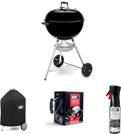 Weber Original Kettle Barbacoa de Carbón, Ø 57cm, Negro, 14101004 + Funda Vinilo De Luxe Para Bbq Weber + Set Chimenea con Briquetas Encendido Blancas + Producto de Limpieza para Parrilla y Horno