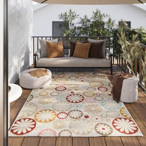 Wecon Home moderner, wetterfester Outdoor Teppich – Blumen-Muster für Wohnzimmer, Esszimmer, Flur, Terrasse und Balkon – Flowerdrops (120 x 170 cm, beige)