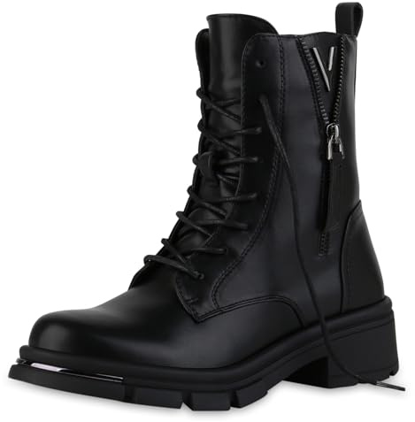 VAN HILL Damen Schnürstiefeletten Leicht Gefüttert mit Blockabsatz Zipper Profilsohle