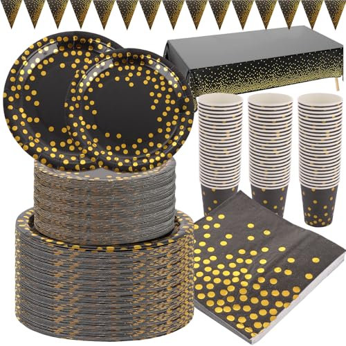 SHUESS 202 Pcs Black and Gold Paper Plates Set, Black and Gold Party Supplies, Golden Dot Party Tableware Includes Black Paper Plates, Napkins, 9oz Cups, Tablecloth, Banner for Party, Serves 50