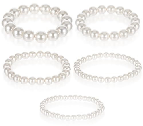 Ymapinc 5 Stück Hochzeit Armband Perlen Damen Perlenarmband Braut Elegantes Armband Pearl Damen Stapelbare Weiße Perlenarmbander für Frauen 12/10/8/6/5mm