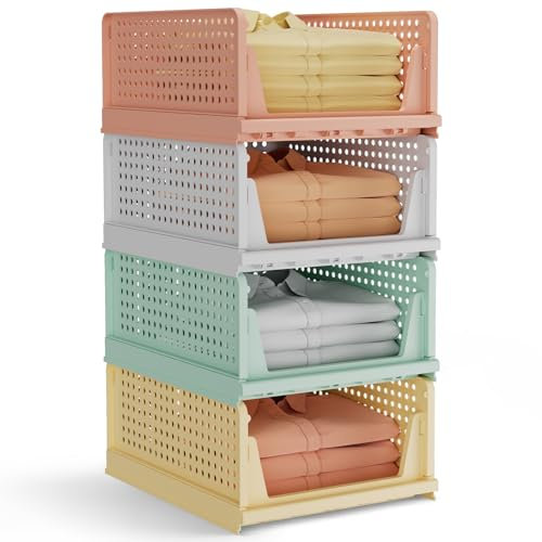 Warmiehomy Set of 4 Wardrobe Storage Organiser Shelves Mix-Color Stackable Drawer Closet Organisers Storage Boxes for Wardrobe for Cabinet Pantry Laundry Living Room
