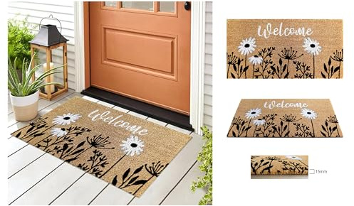 A.Unique Home 15mm Coir Doormat Non-Slip PVC Back - Welcome B&W 40x80cm | Durable 15mm Coir Doormat with Non-Slip PVC Backing, Helps Remove Dirt & Moisture, Perfect for Front Doors & Busy Entrances